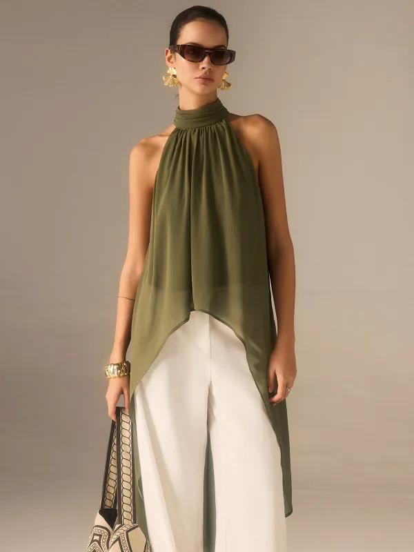 Semi-Sheer Halter-Neck Chiffon Long Top sold by COMMENSE