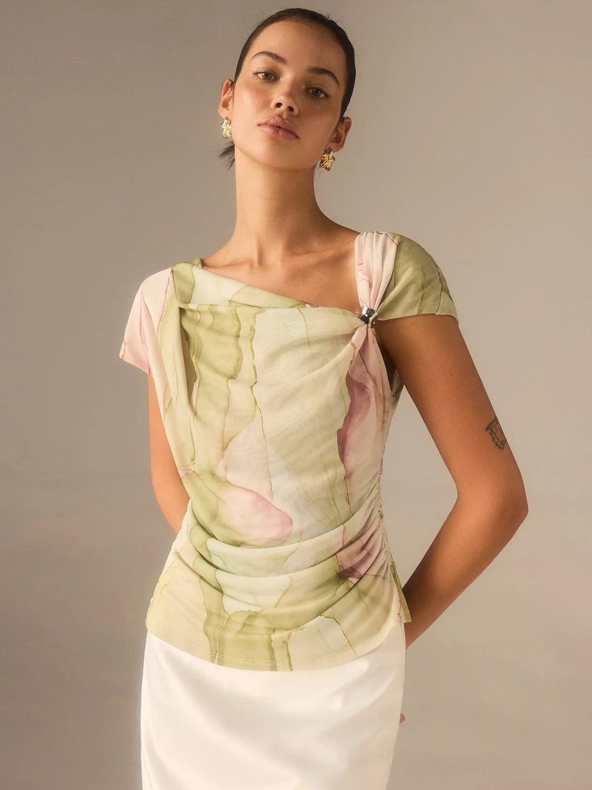 Print Asymmetric Neckline Top sold by COMMENSE product image thumbnail 2