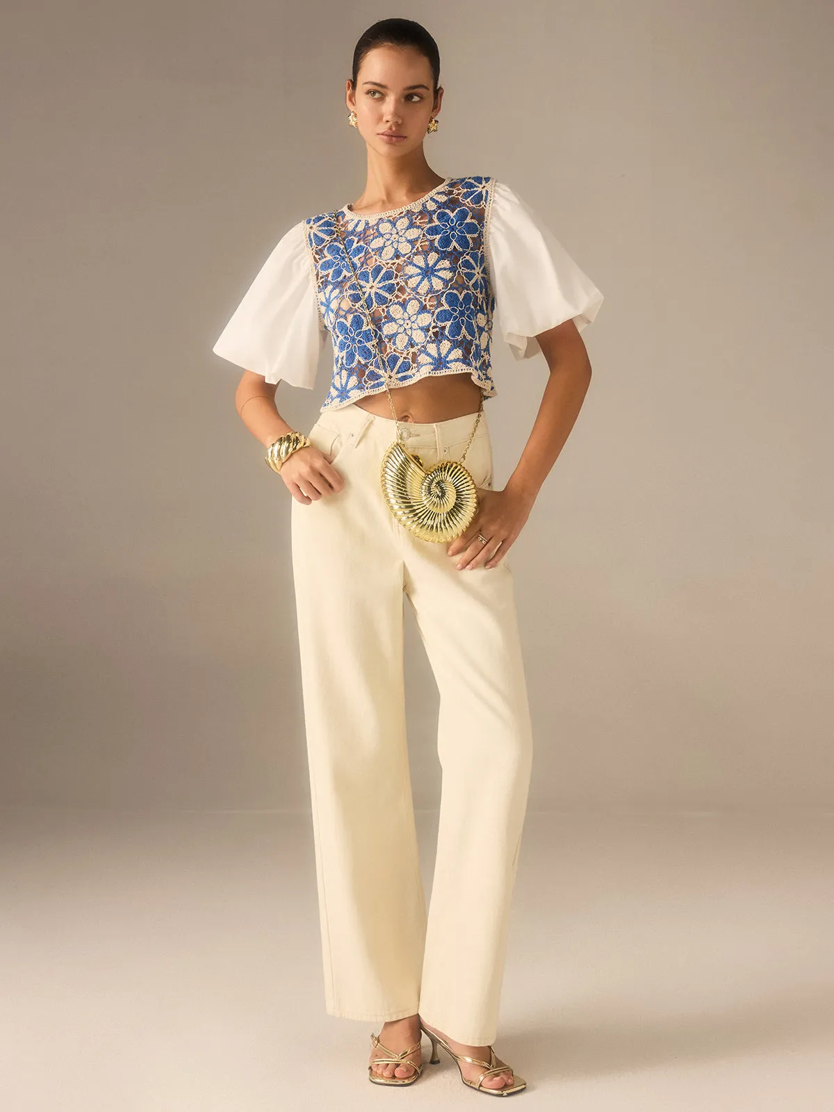 Crochet Floral Top with Puff Sleeves Panel sold by COMMENSE product image thumbnail 4