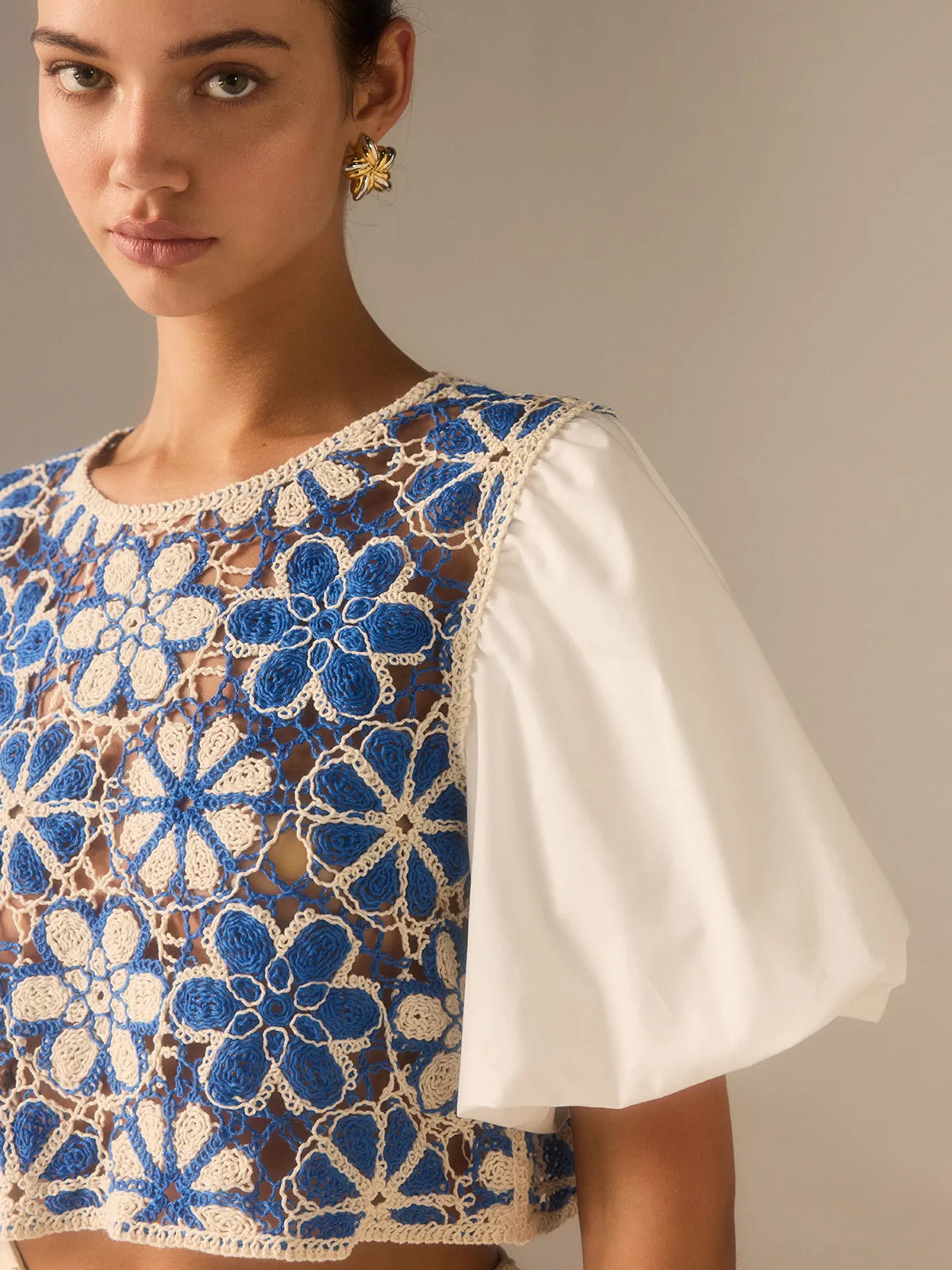 Crochet Floral Top with Puff Sleeves Panel sold by COMMENSE product image thumbnail 5