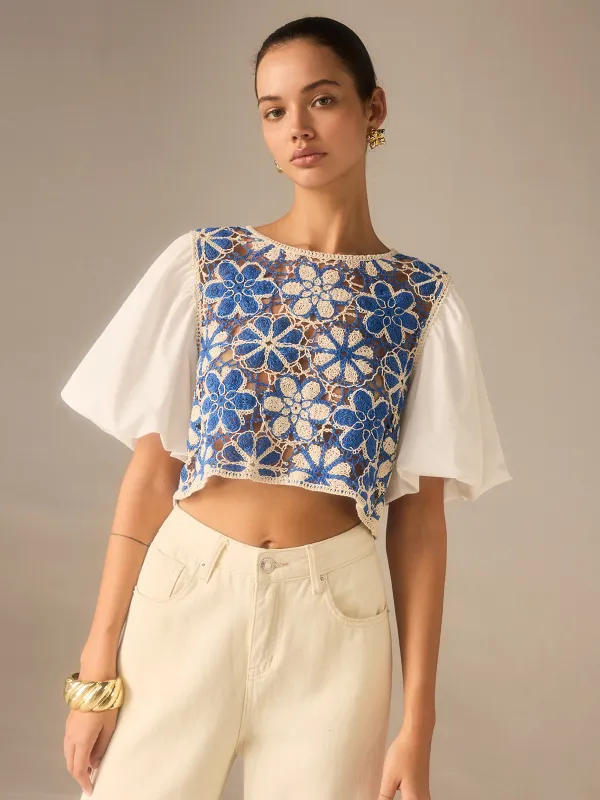 Crochet Floral Top with Puff Sleeves Panel sold by COMMENSE