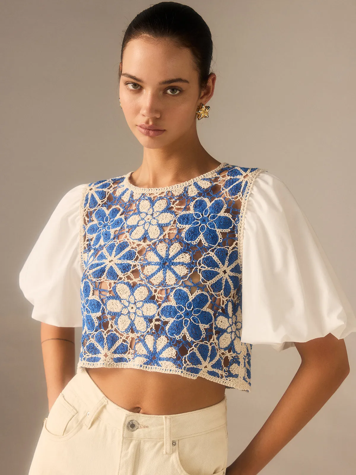 Crochet Floral Top with Puff Sleeves Panel sold by COMMENSE product image thumbnail 3