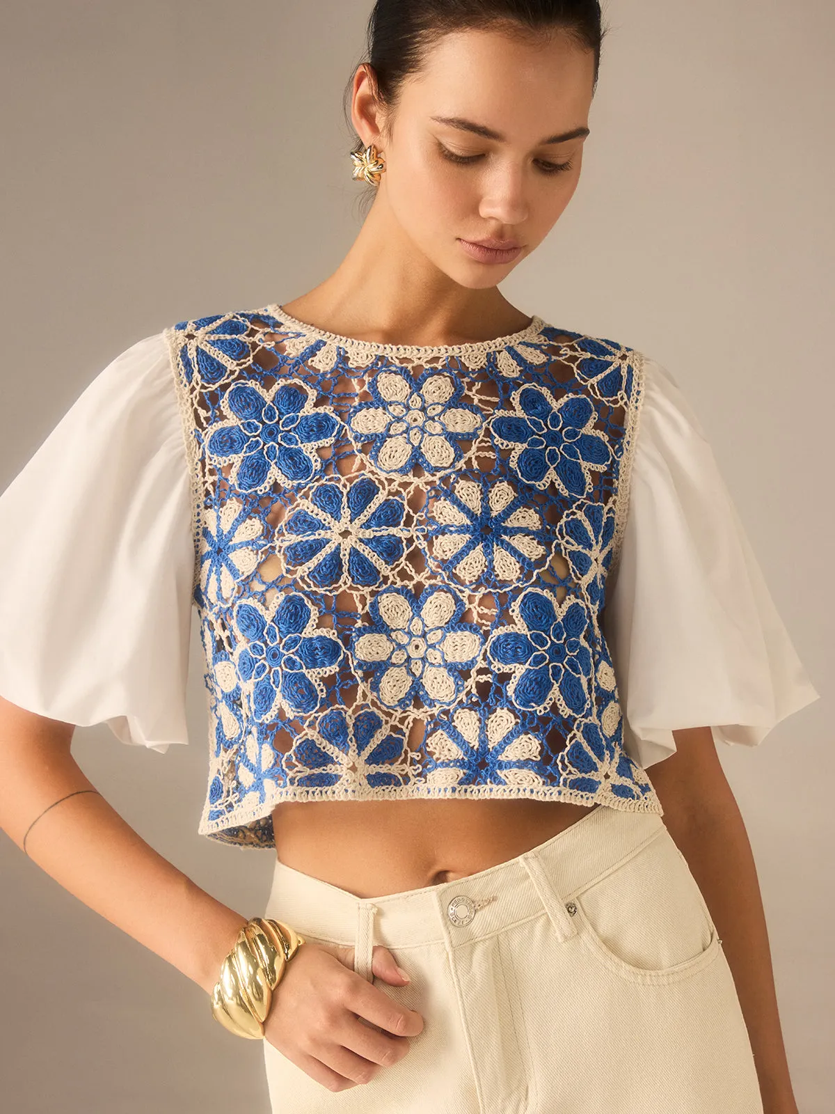 Crochet Floral Top with Puff Sleeves Panel sold by COMMENSE product image thumbnail 2