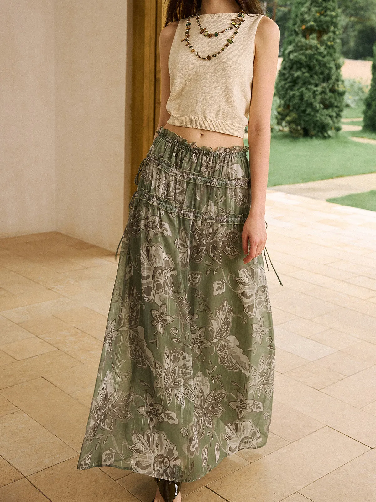Boho Print Chiffon Maxi Skirt with Ruffle Details sold by COMMENSE product image thumbnail 3