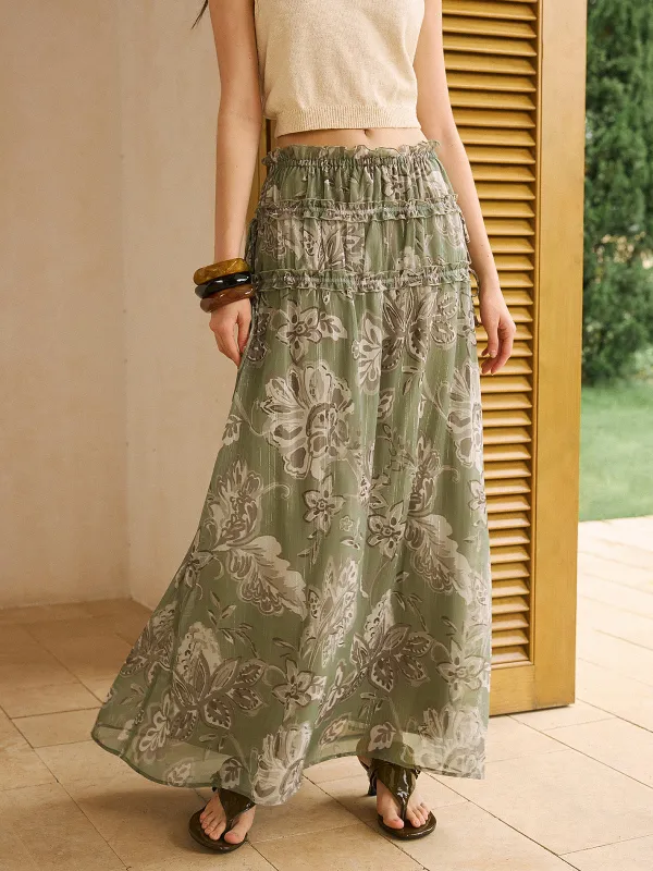Boho Print Chiffon Maxi Skirt with Ruffle Details sold by COMMENSE