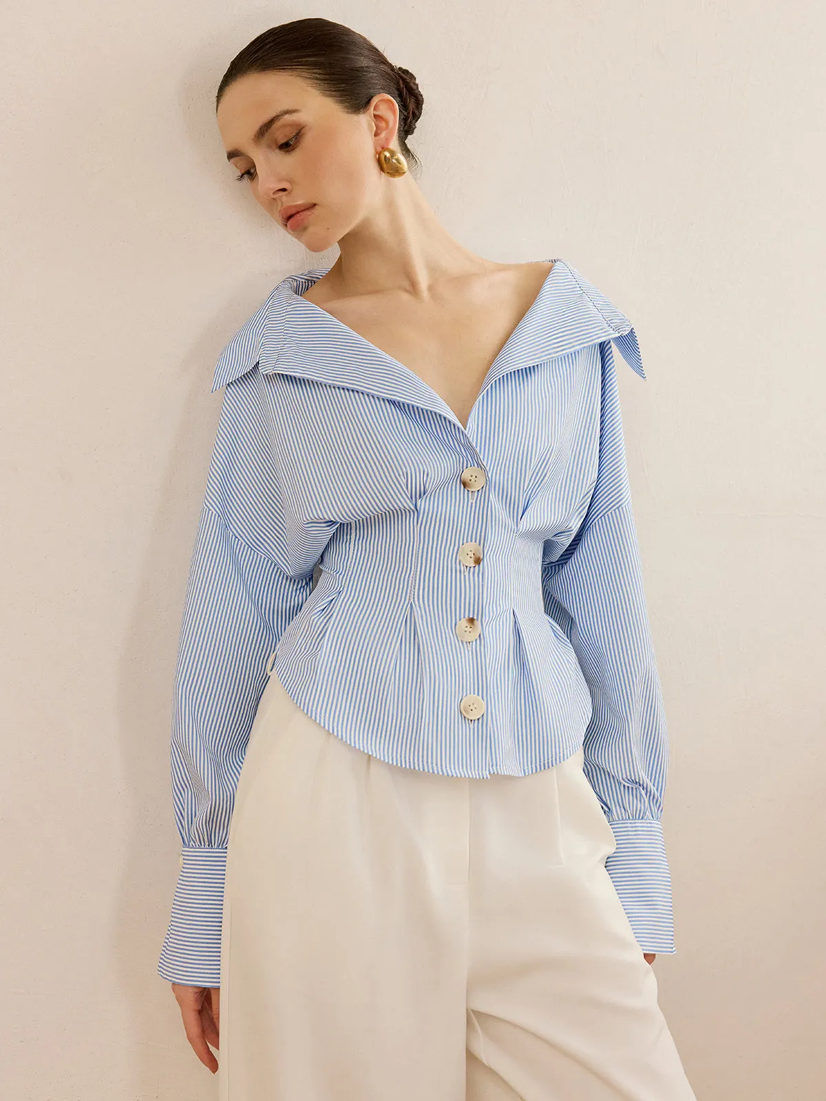 Striped Collared Shirt with Waist-Cinching Design sold by COMMENSE product image thumbnail 5