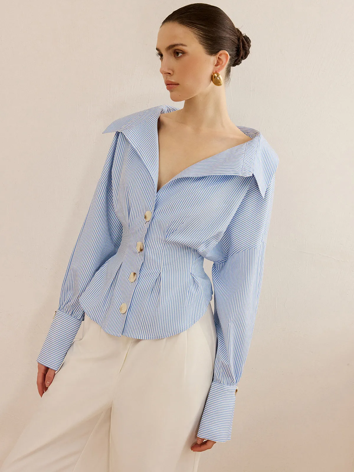 Striped Collared Shirt with Waist-Cinching Design sold by COMMENSE product image thumbnail 2