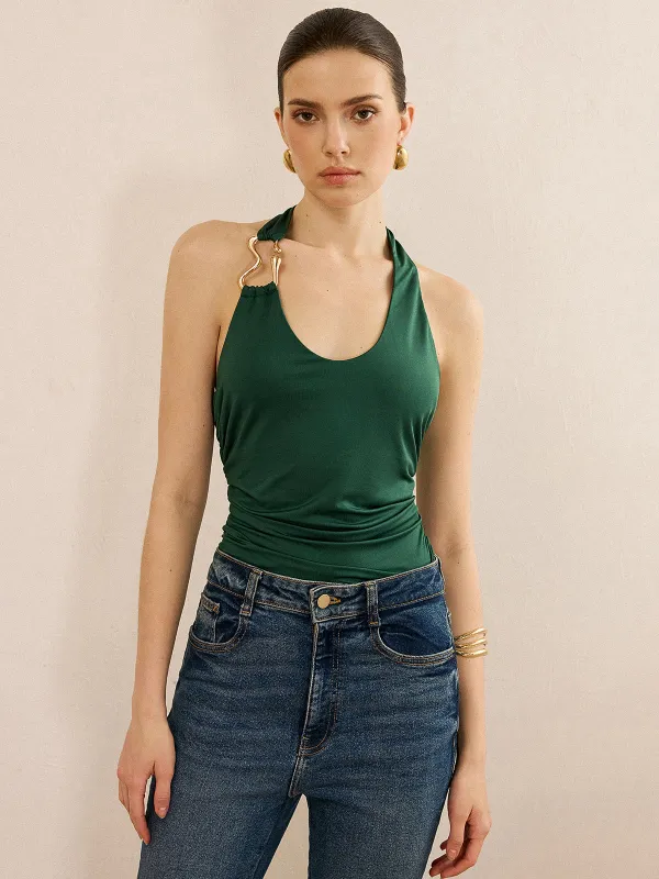 Metal Detailed Halter Neck Backless Top sold by COMMENSE
