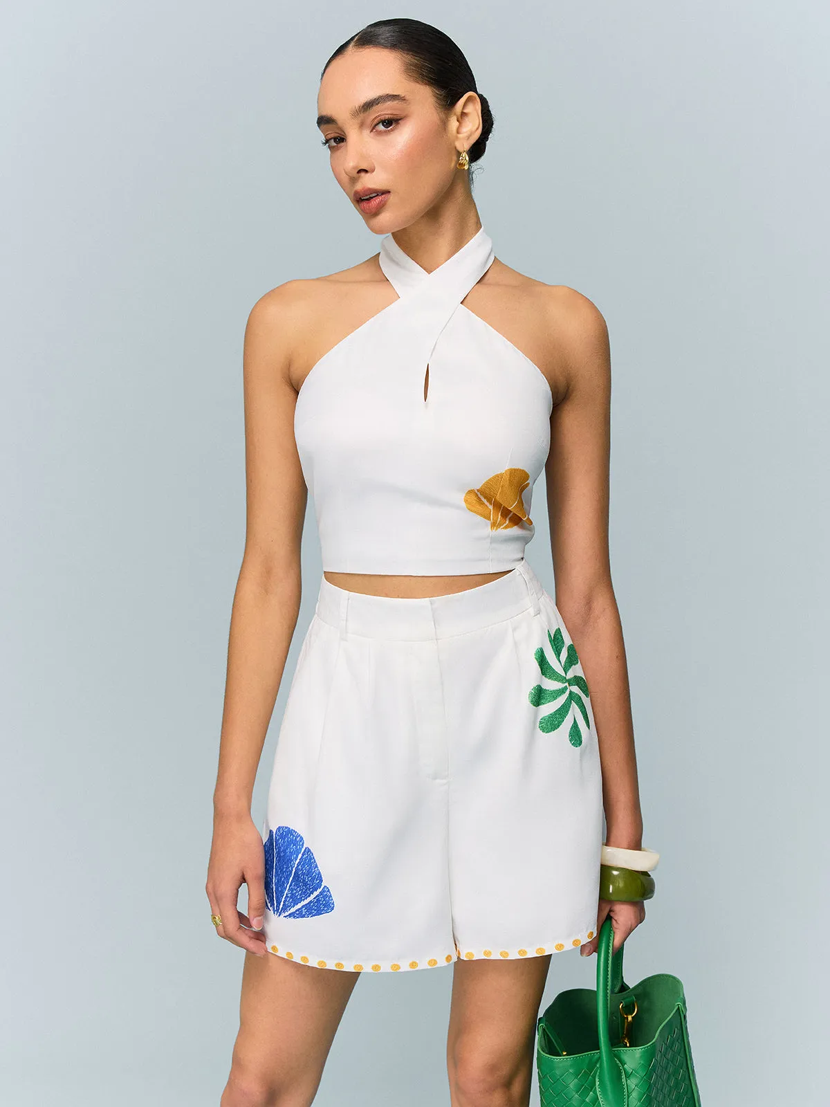 Halter-Neck Crop Top and Printed Shorts Set sold by COMMENSE