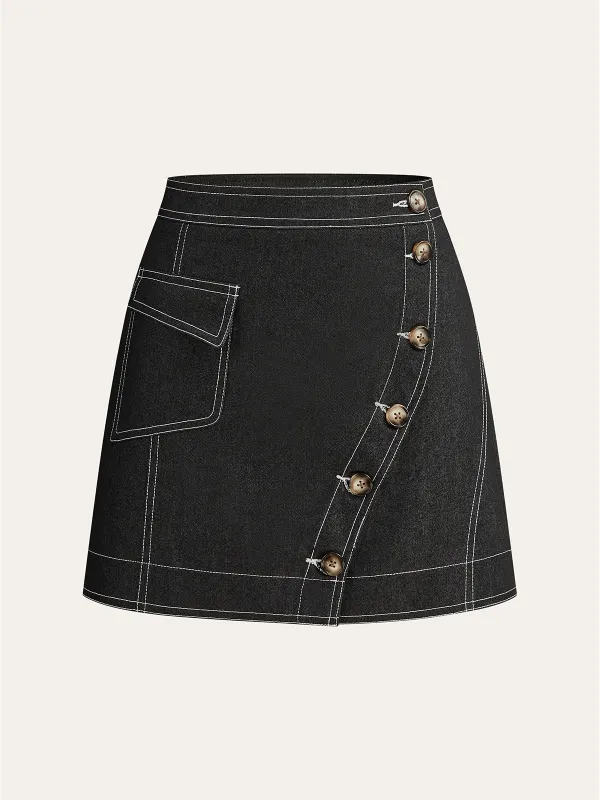 Asymmetric Button-Front Pocket Mini Skirt sold by COMMENSE