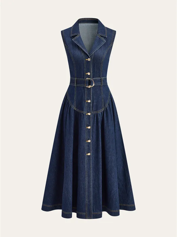 Metal Detail Denim Button-Front Belted Dress sold by COMMENSE