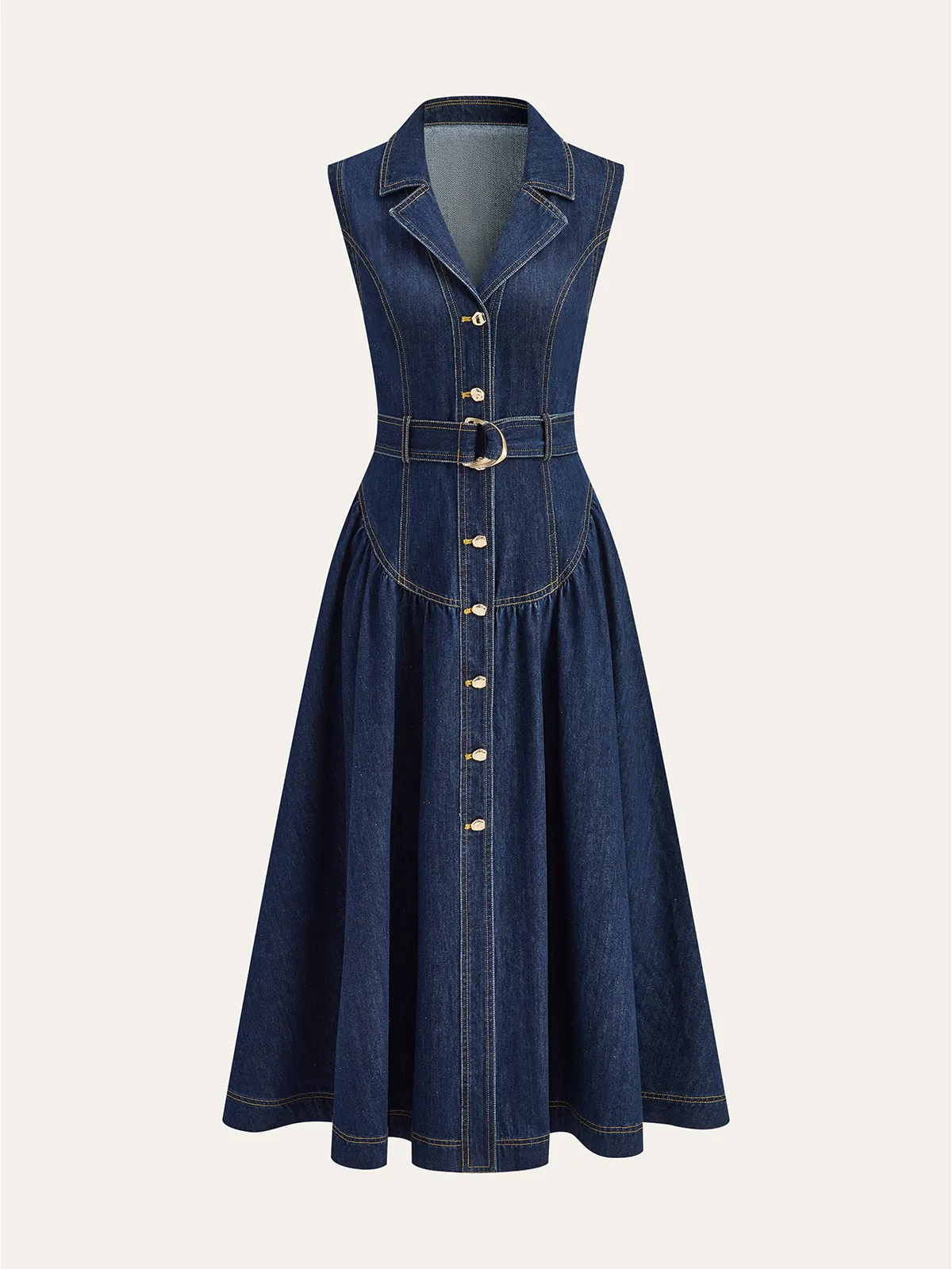 Metal Detail Denim Button-Front Belted Dress sold by COMMENSE