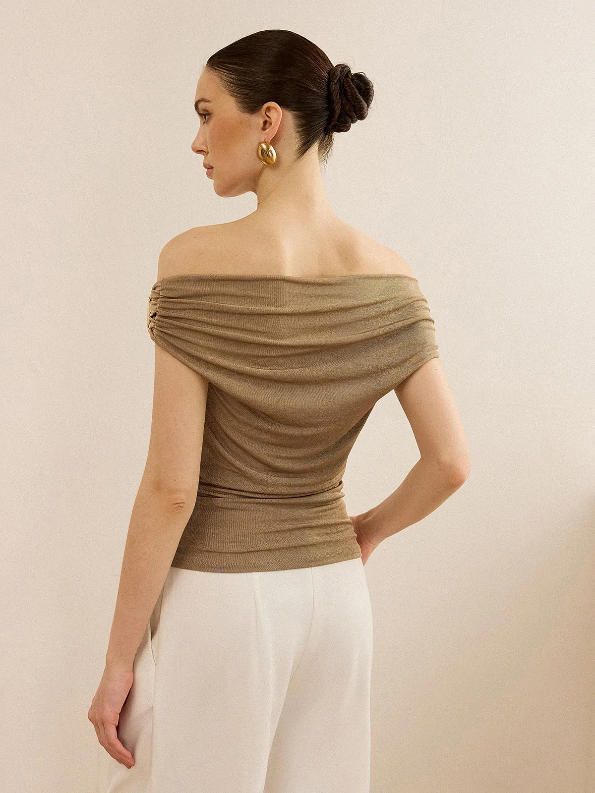 Off-Shoulder Ruched Top with Metal Buckle sold by COMMENSE product image thumbnail 4