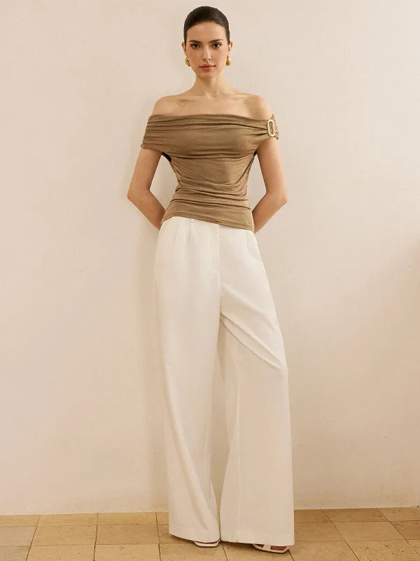 Off-Shoulder Ruched Top with Metal Buckle made by COMMENSE