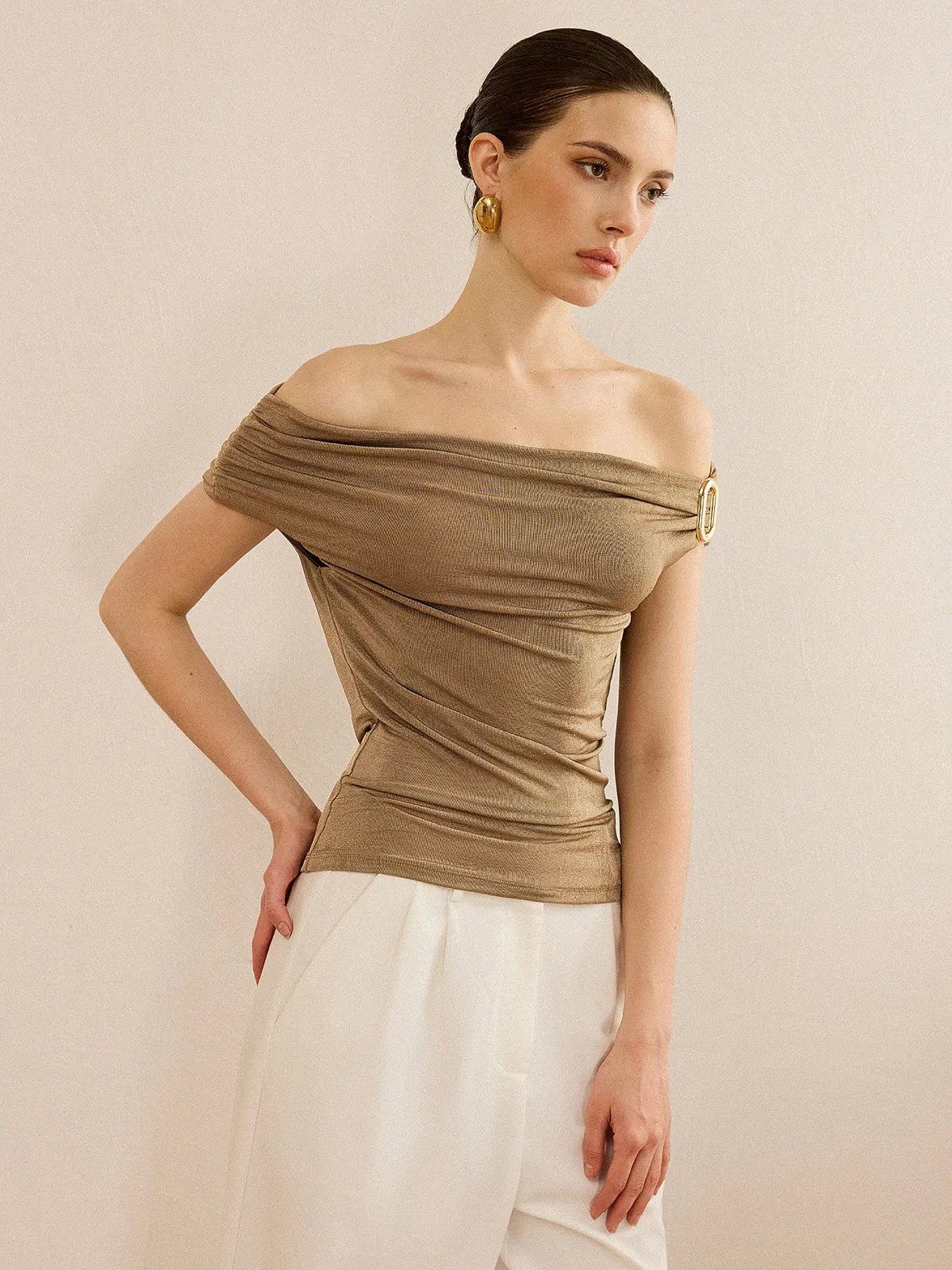 Off-Shoulder Ruched Top with Metal Buckle sold by COMMENSE product image thumbnail 5