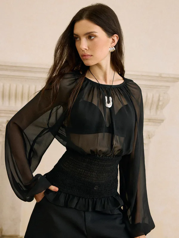Sheer Chiffon Smocked Waist Blouse sold by COMMENSE
