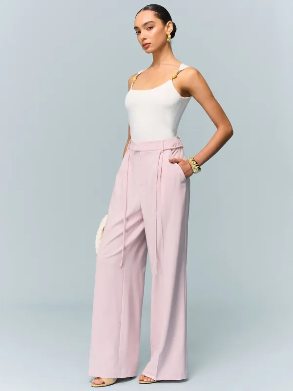 Mid-Waisted Wide-Leg Pants with Tie Detail sold by COMMENSE