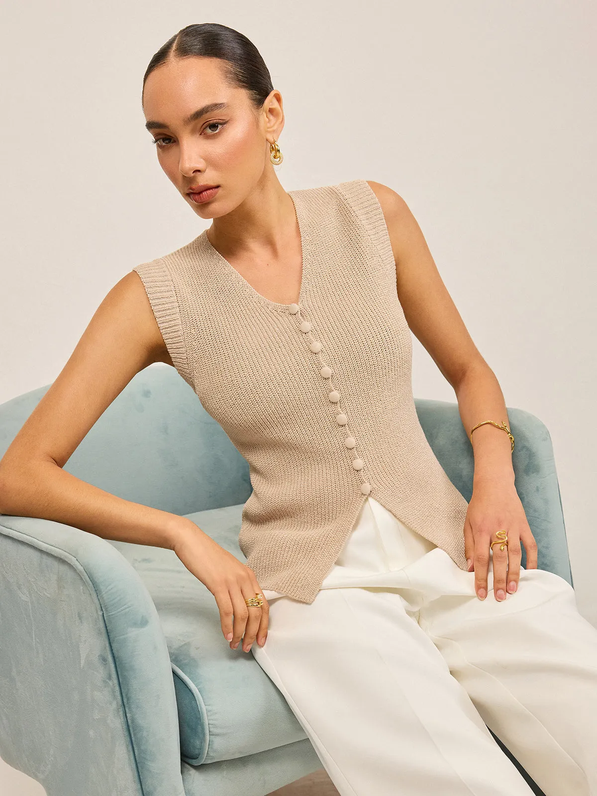 Knitted V-Neck Buttoned Vest sold by COMMENSE