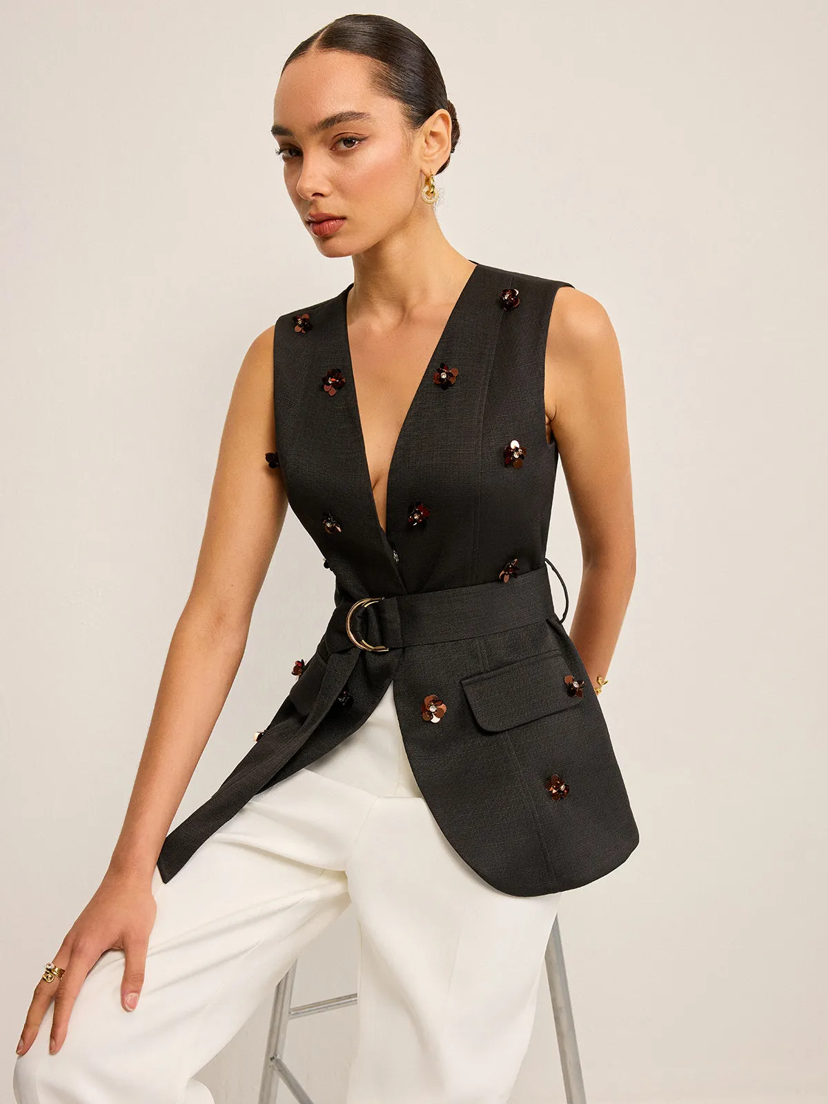 Belted Vest with 3D Sequin Flower Embellishments sold by COMMENSE product image thumbnail 5