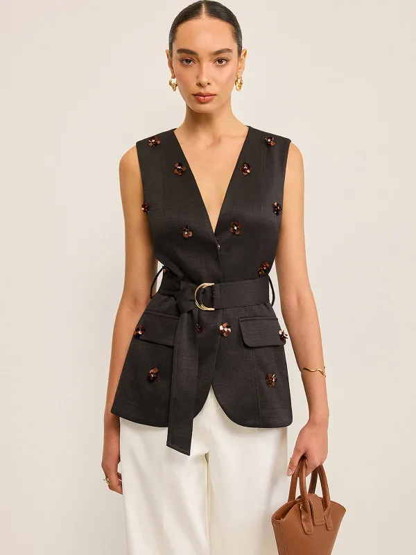Belted Vest with 3D Sequin Flower Embellishments sold by COMMENSE