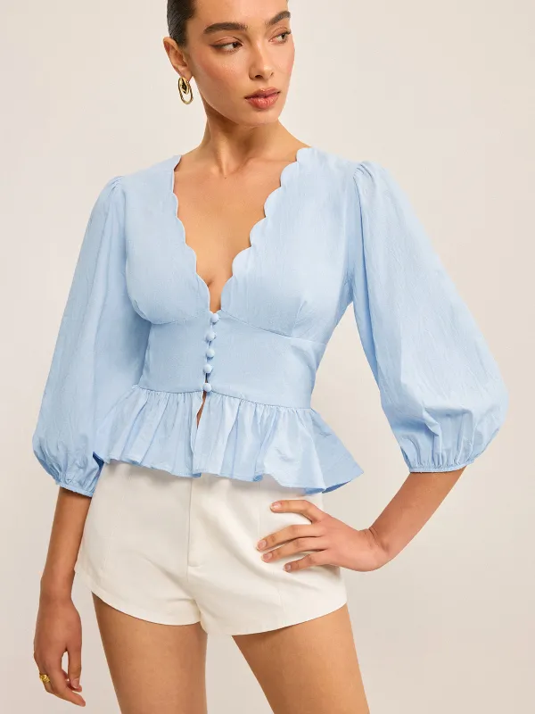 Scalloped V-Neck Peplum Top with Puff Sleeves sold by COMMENSE