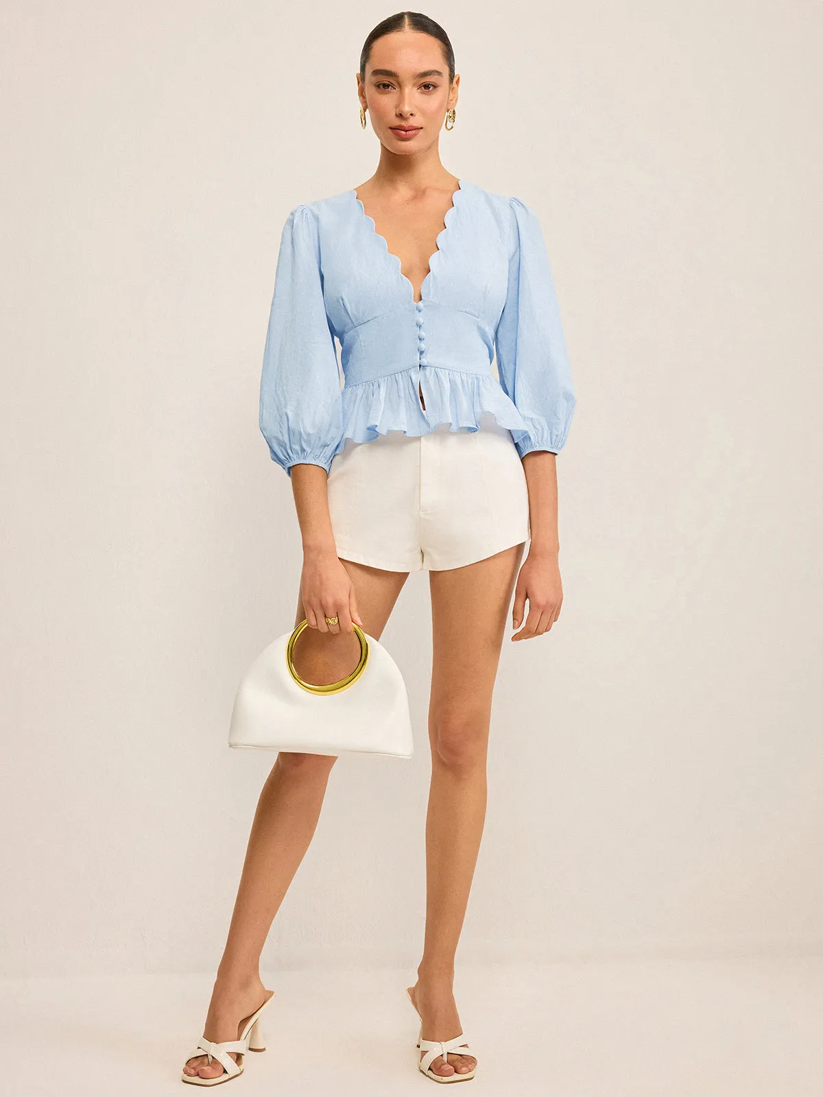 Scalloped V-Neck Peplum Top with Puff Sleeves sold by COMMENSE product image thumbnail 2