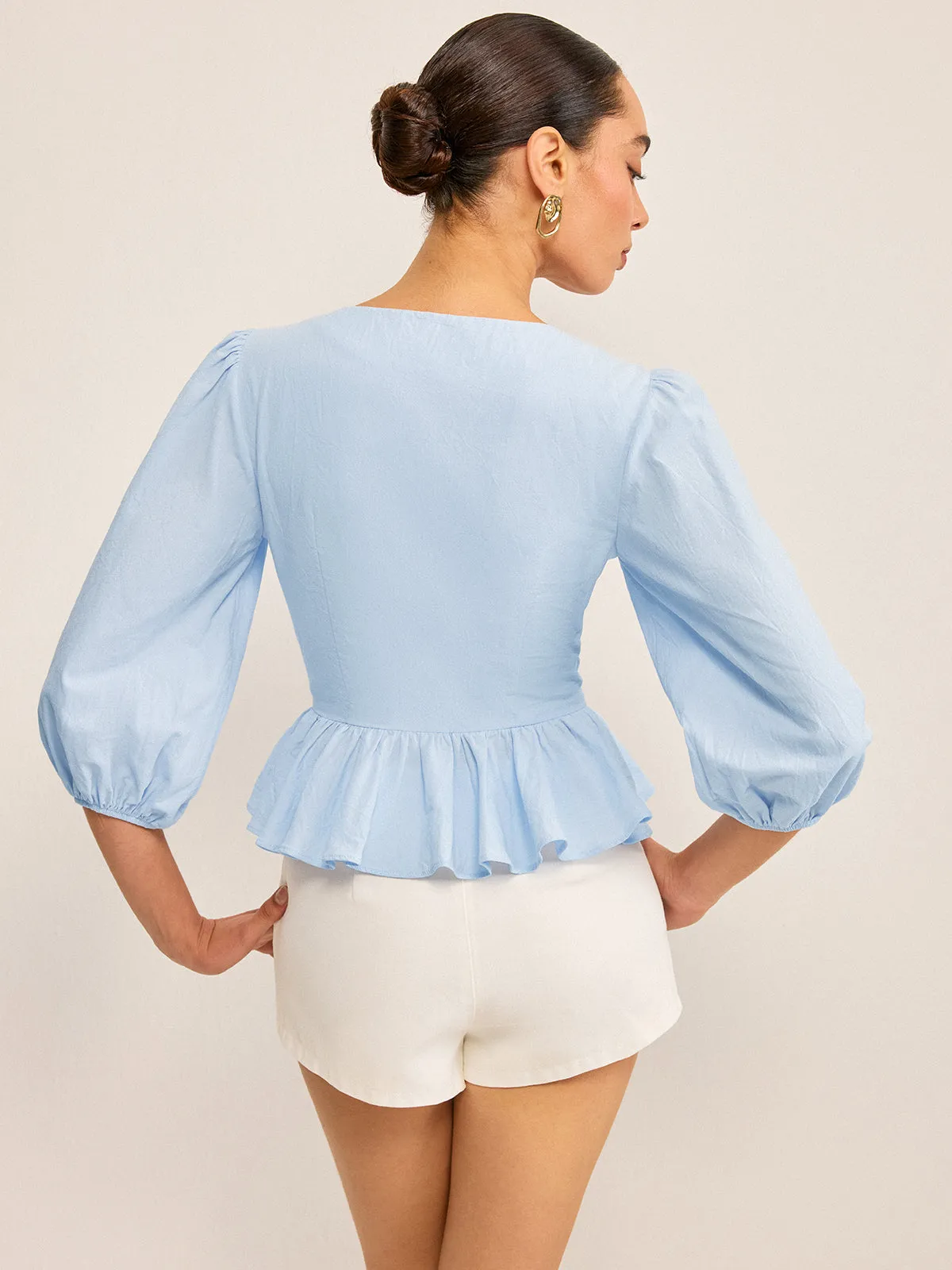 Scalloped V-Neck Peplum Top with Puff Sleeves sold by COMMENSE product image thumbnail 3