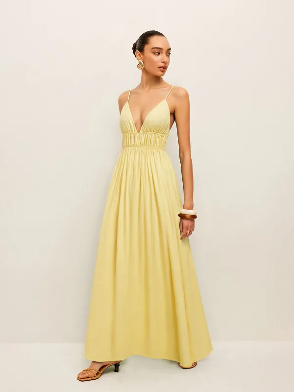Spaghetti Strap Maxi Dress with Ruched Waist and Crisscross Back sold by COMMENSE