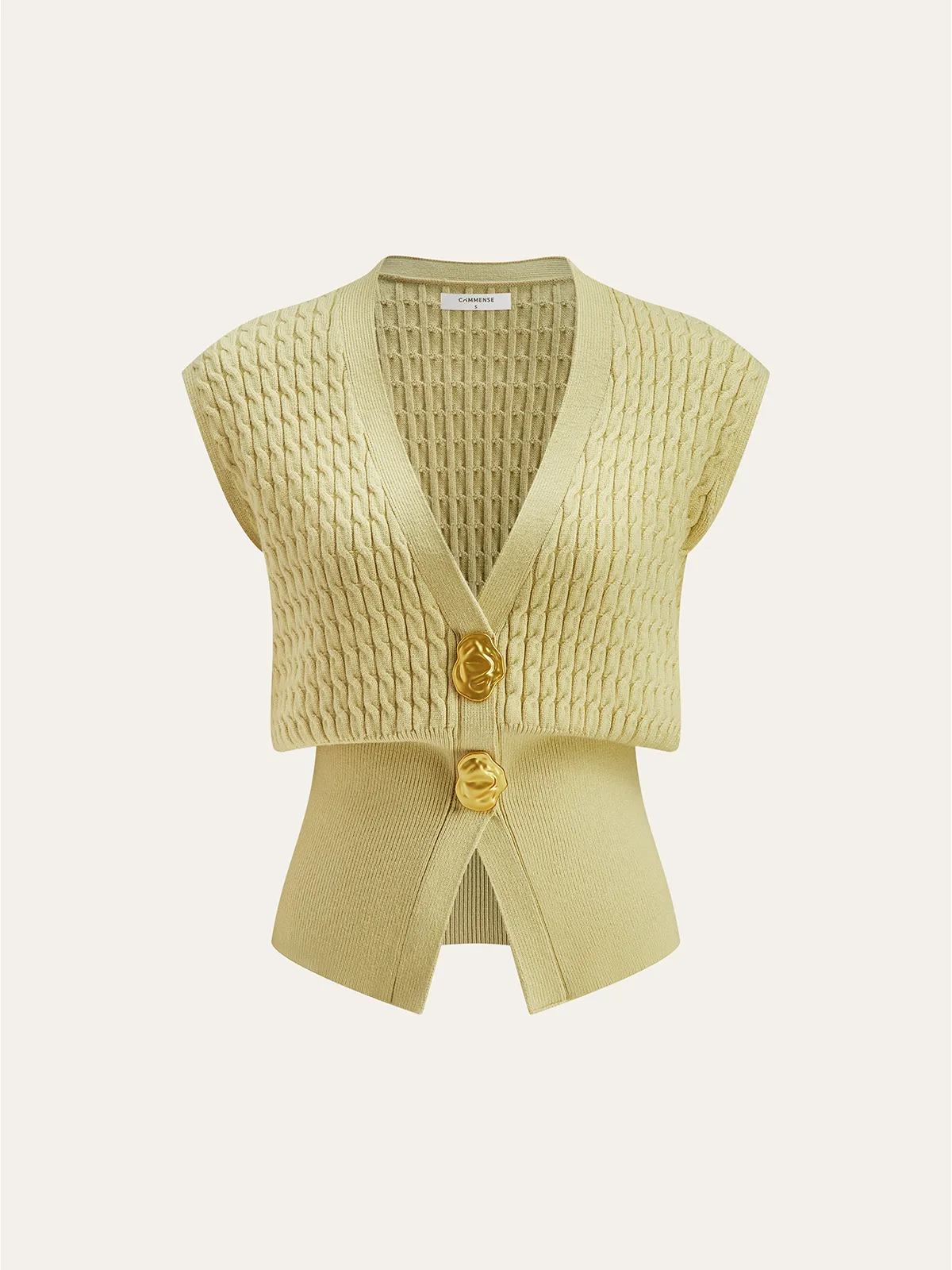 Metal Button Cable Knit Waist-Cinching Vest sold by COMMENSE