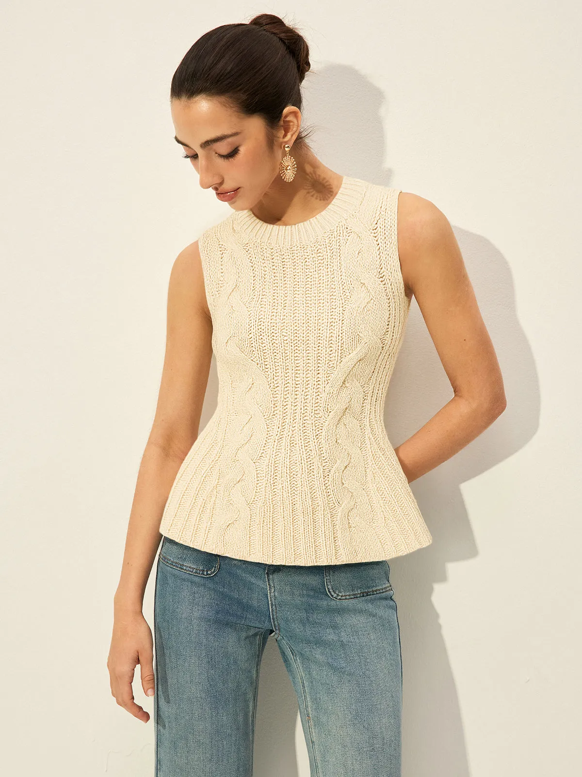 Cable Knit Sleeveless Peplum Top sold by COMMENSE