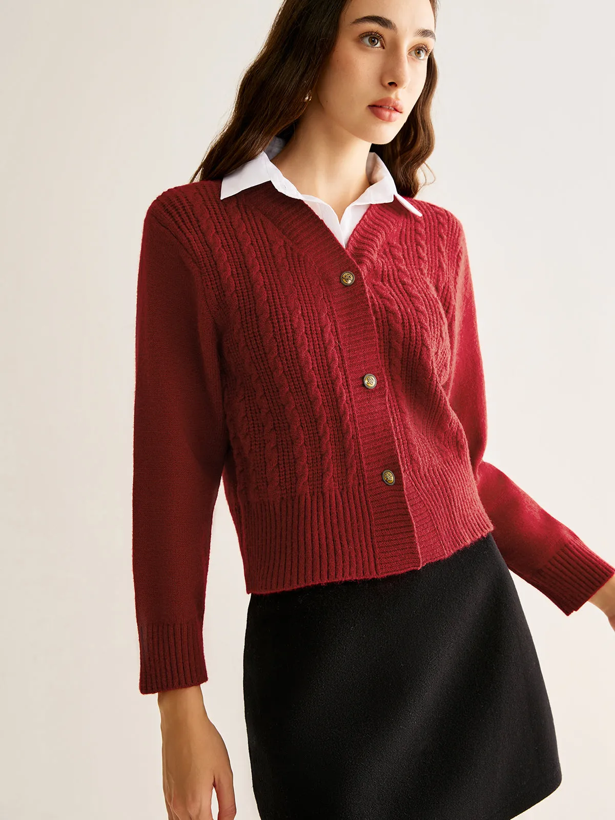 Contrast Collar Cable-Knit Short Cardigan sold by COMMENSE