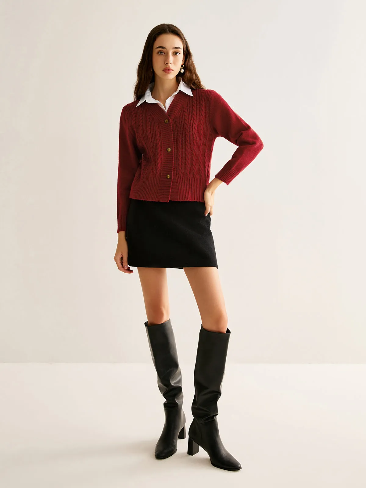 Contrast Collar Cable-Knit Short Cardigan sold by COMMENSE product image thumbnail 5