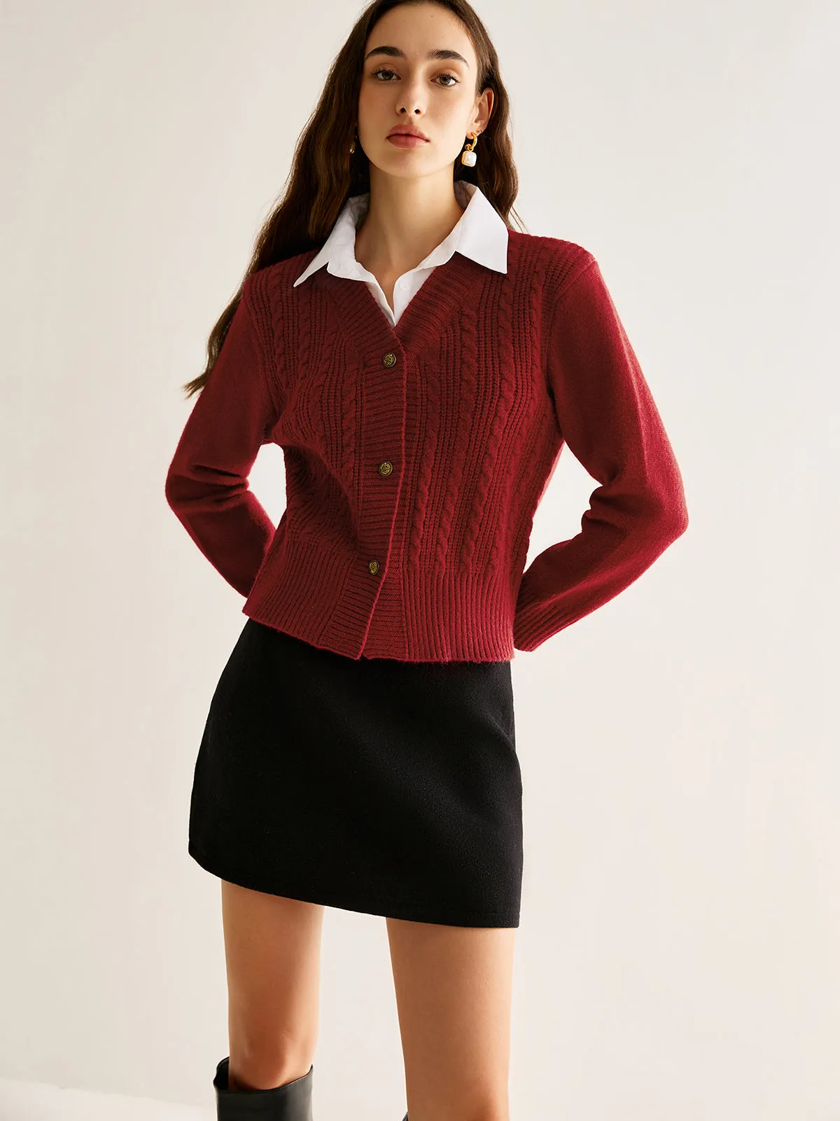 Contrast Collar Cable-Knit Short Cardigan sold by COMMENSE product image thumbnail 3