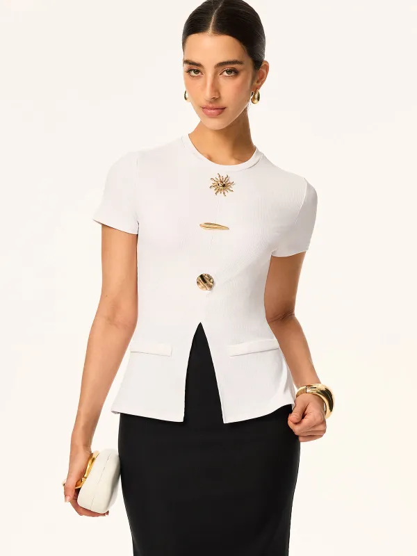 Short-Sleeved Top with Metal Embellishments and Front Slit sold by COMMENSE