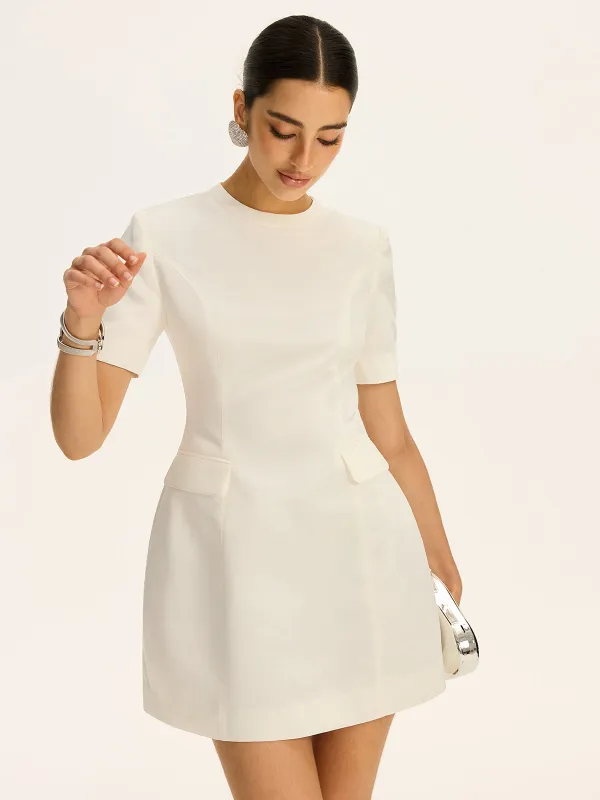 Short-Sleeved  Waist-Cinching Mini Dress with Decor Pockets sold by COMMENSE