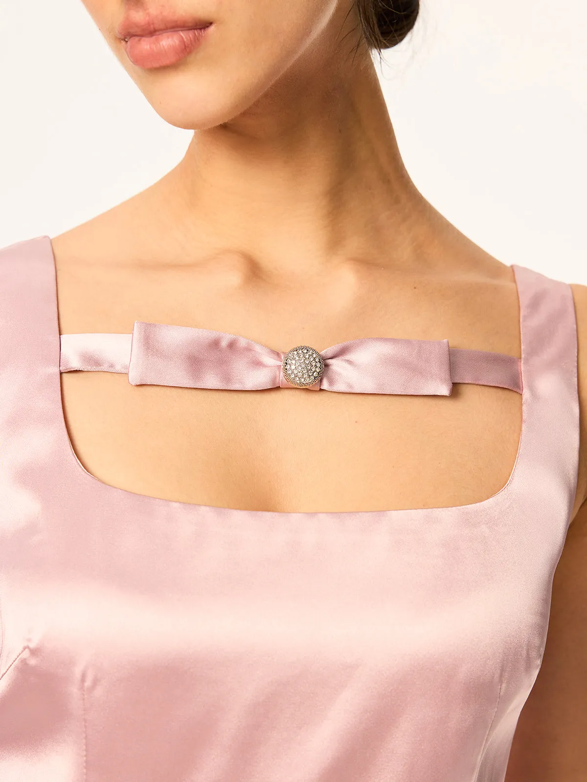 Satin Mini Dress with Bow and Rhinestone Detail sold by COMMENSE product image thumbnail 3