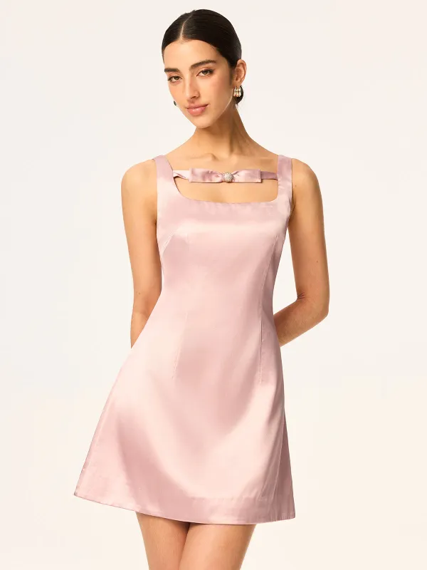 Satin Mini Dress with Bow and Rhinestone Detail sold by COMMENSE