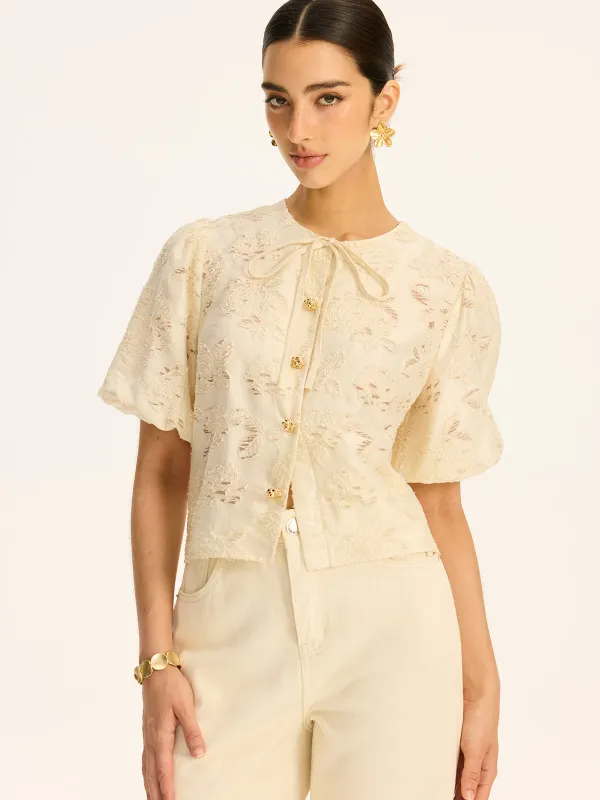 Semi-Sheer Jacquard Metal Button Cotton-Blend Top sold by COMMENSE