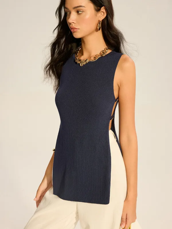 Ribbed Sleeveless Top with Side Slit sold by COMMENSE