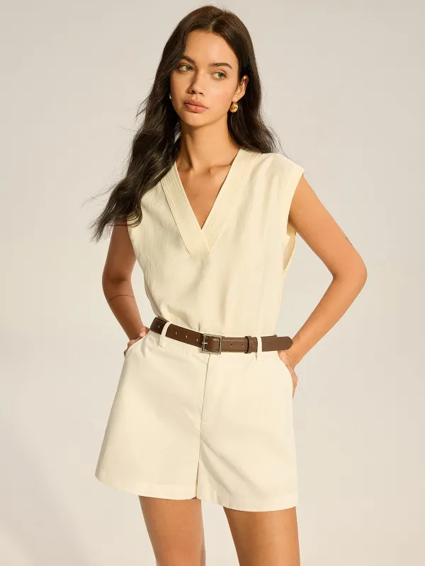 Sleeveless V-Neck Top with Piped Trim sold by COMMENSE