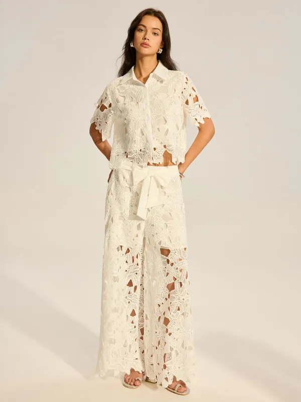 Lace Crochet Cut-Out Top and Wide-Leg Pants Set sold by COMMENSE
