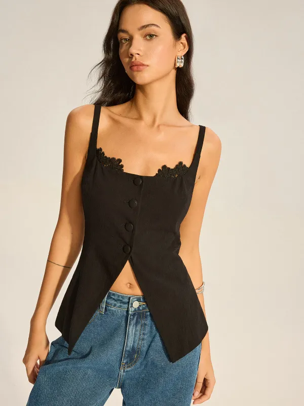 Semi-Sheer Lace-Trimmed Button Top with Slit sold by COMMENSE
