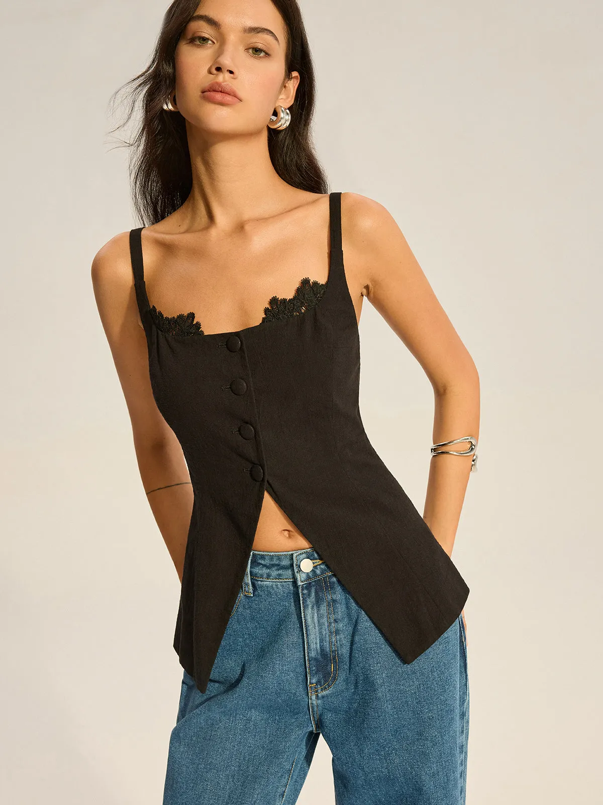 Semi-Sheer Lace-Trimmed Button Top with Slit sold by COMMENSE product image thumbnail 4