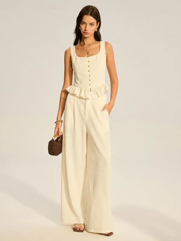 Textured Peplum Top and Wide-Leg Pants Set sold by COMMENSE