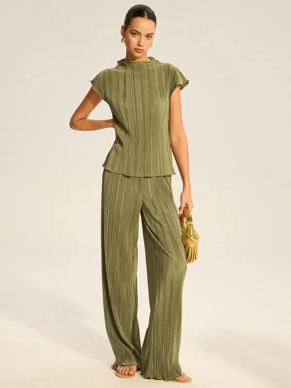 Pleated Top and Wide-Leg Pants Set sold by COMMENSE