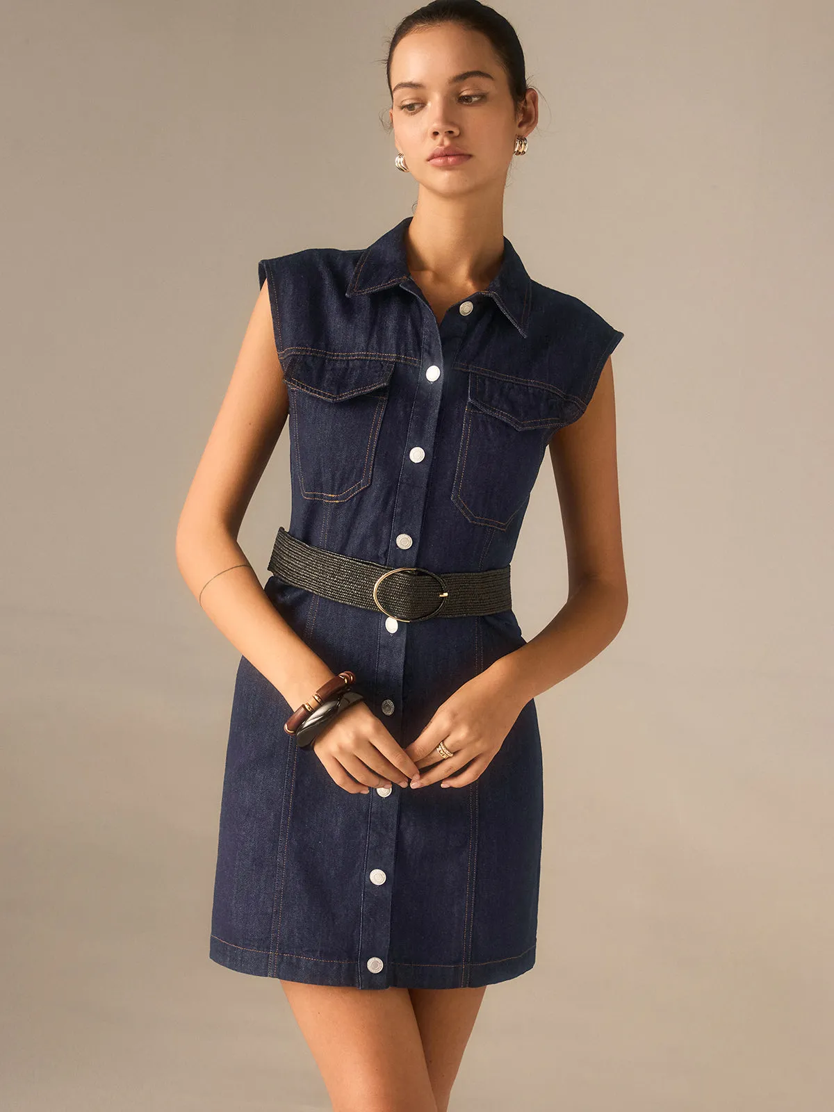 Denim Button-Front Collared Sleeveless Dress Without Belted sold by COMMENSE product image thumbnail 3