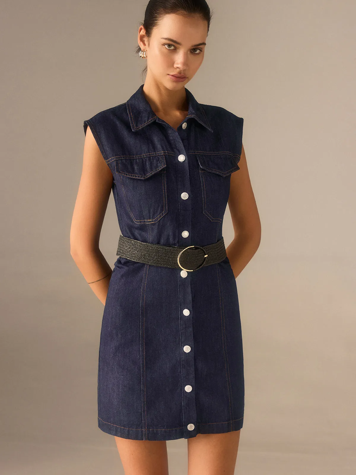 Denim Button-Front Collared Sleeveless Dress Without Belted sold by COMMENSE