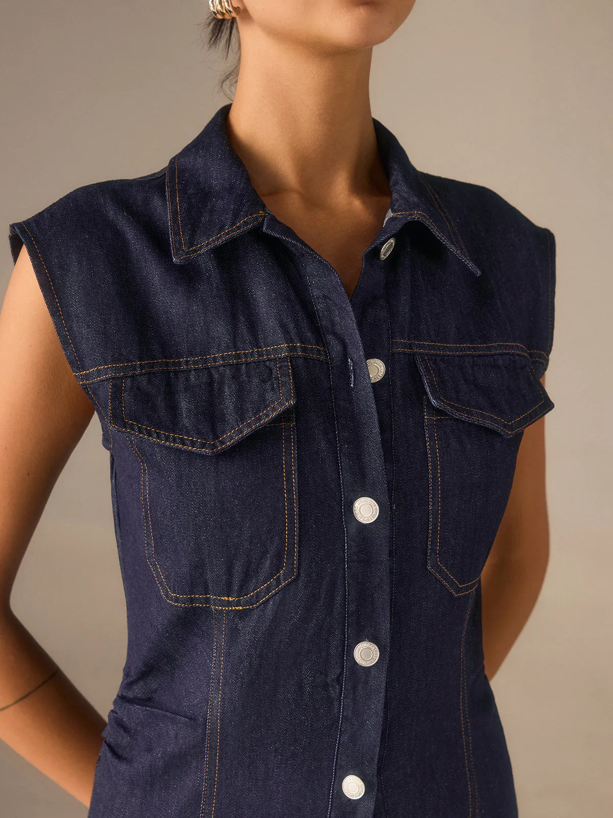 Denim Button-Front Collared Sleeveless Dress Without Belted sold by COMMENSE product image thumbnail 5
