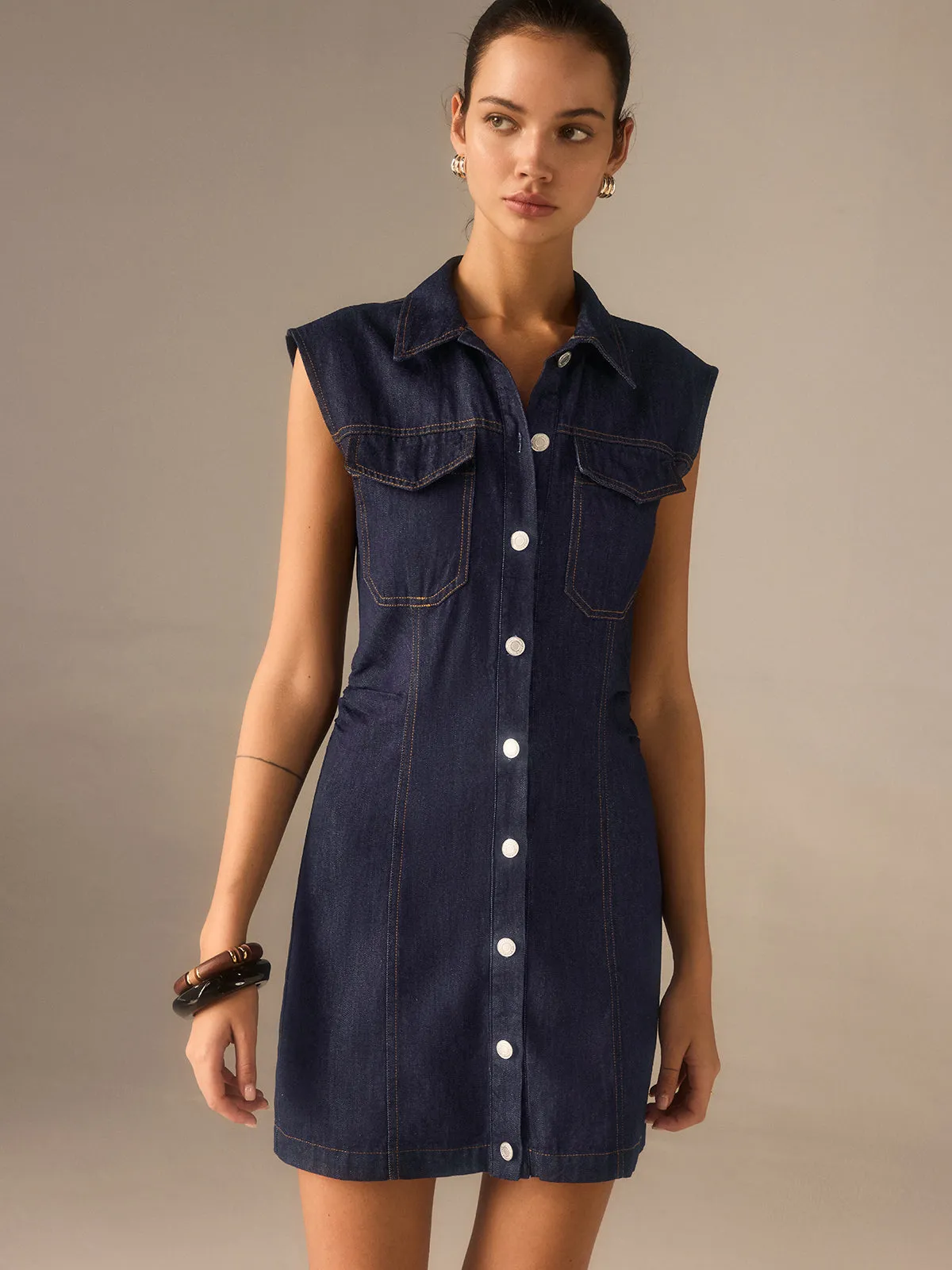 Denim Button-Front Collared Sleeveless Dress Without Belted sold by COMMENSE product image thumbnail 4