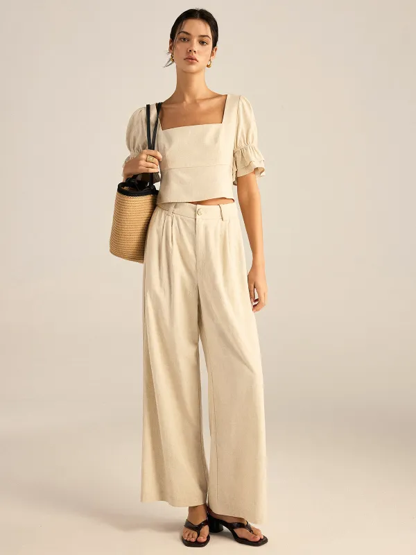 Cotton & Linen Puff-Sleeves Bow-Back Top and Pants Set sold by COMMENSE